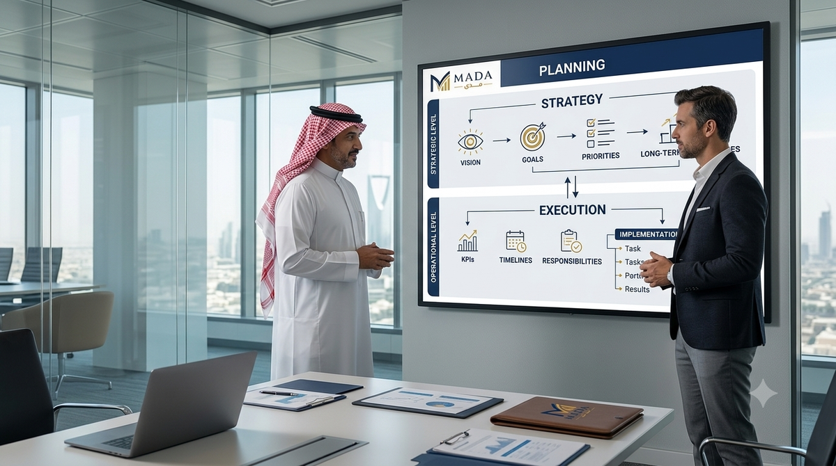 اجتماع إداري سعودي يوضح العلاقة بين التخطيط الاستراتيجي والتخطيط التشغيلي